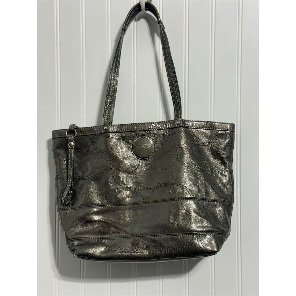 COACH F15142 Metallic Gray Tote Bag AS-IS Stains Patent Leather Y2K Hobo Purse